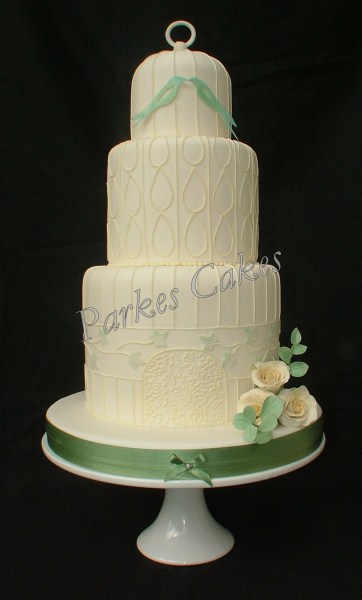 three tier double height sage green vintage birdcage cake