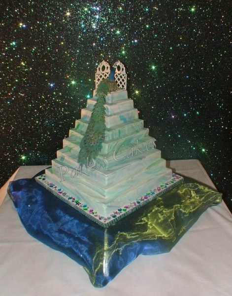 Three Tier Stepped Marbled Peacock Wedding Cake