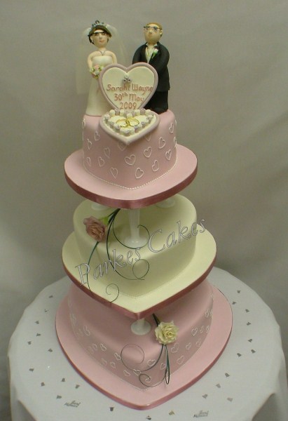 Three Tier Pink & Ivory Heart Wedding Cake with Handmade Bride & Groom Topper