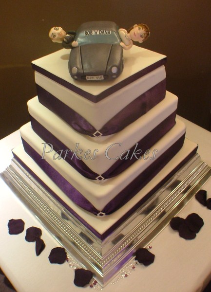 three tier square wedding cake with TVR car topper